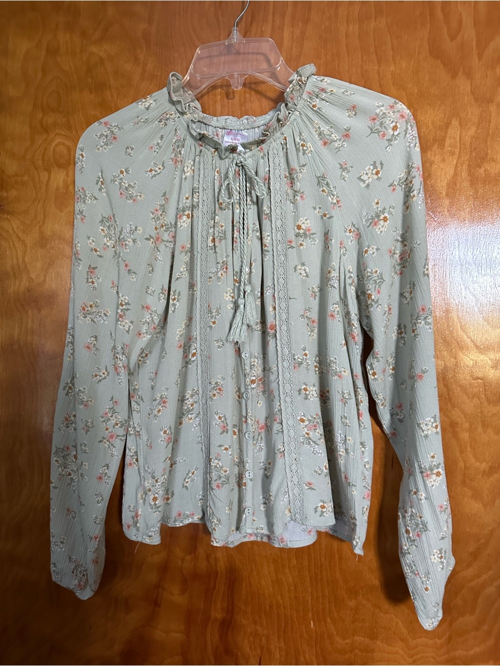 No Boundaries Sage Green Floral Ruffle-Neck Blouse